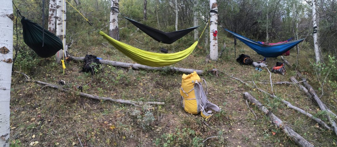 variety of custom handmade hammock camping gear set up in the forest